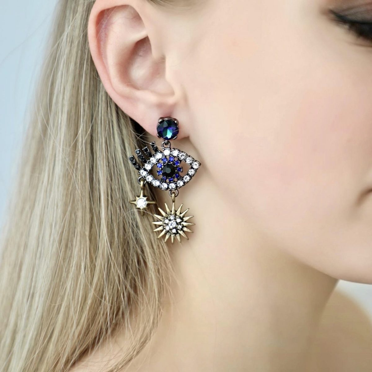 Оригинальные масонские серьги всевидящее око от бренда Empire. Серёжки в виде глаза, синие серёжки — изображение 3