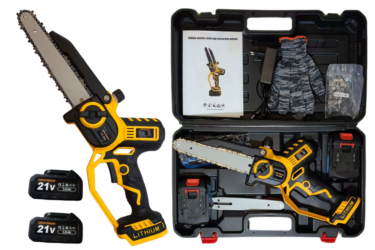 Аккумуляторная пила KOMYSHAN CA-801 — 800W, 2 АКБ ×21V 6000mAh! , автосмазка, 2 шины (6"/8"), кейс/2 цепи — изображение 4