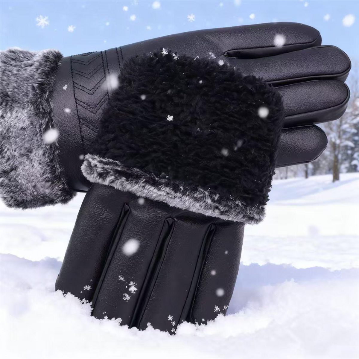 Перчатки мужские зимние из эко- кожи+ хлопок,  тёплые, меховые ,водоотталкивающие — изображение 2