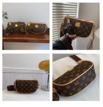 Стильная трёхцветная женская сумка (коричневая/бежевая/красная) с золотой фурнитурой — изображение 4